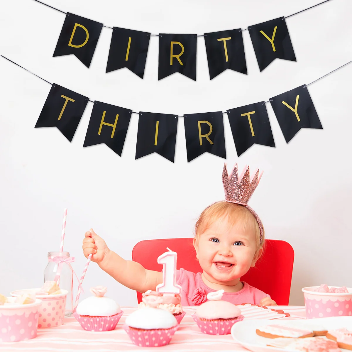 

Birthday Pull Flag Party Decorations Dirty Thirty Letter Gold Fish Tail Pull Flag Paper Banner (Black)