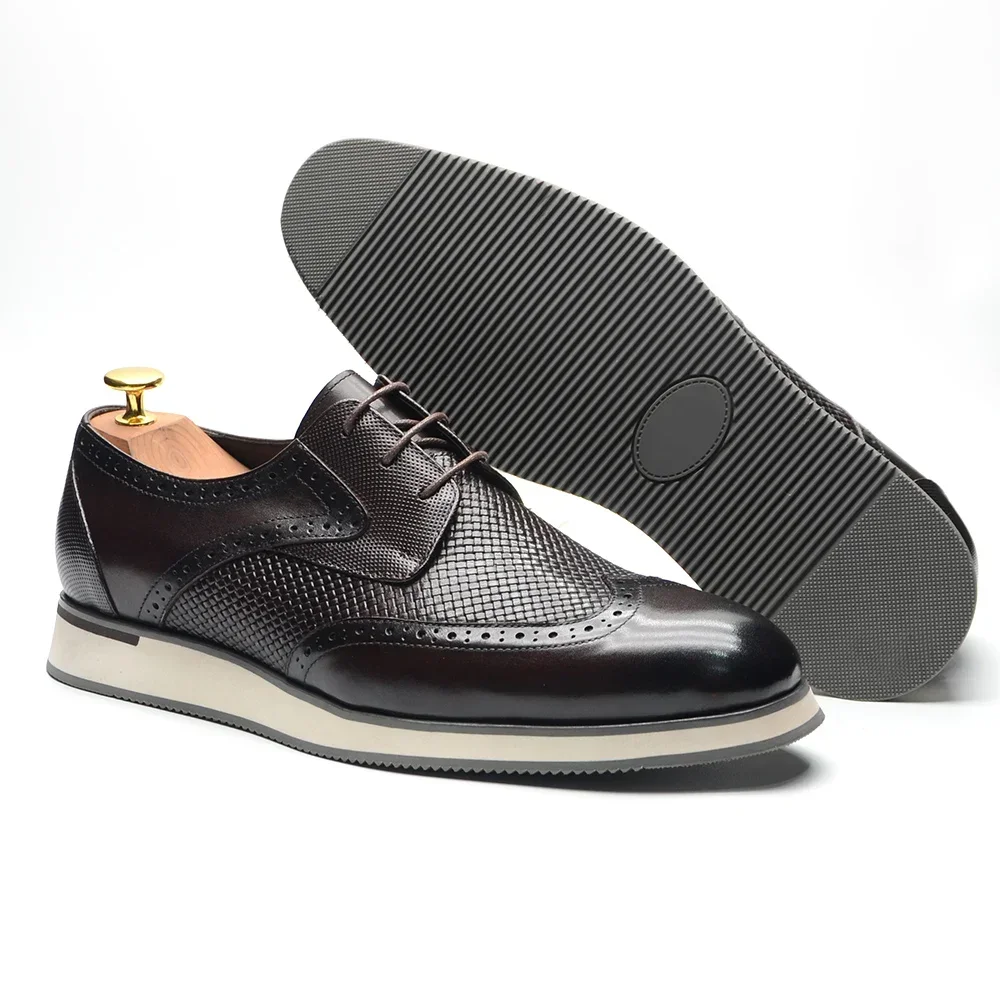XEBOS Genuine Leather Men's Casual Derby Shoes 3-eyelet Lace-up Wing Tip Brogue Weave Print Sneakers Oxford Daily Footwear Male
