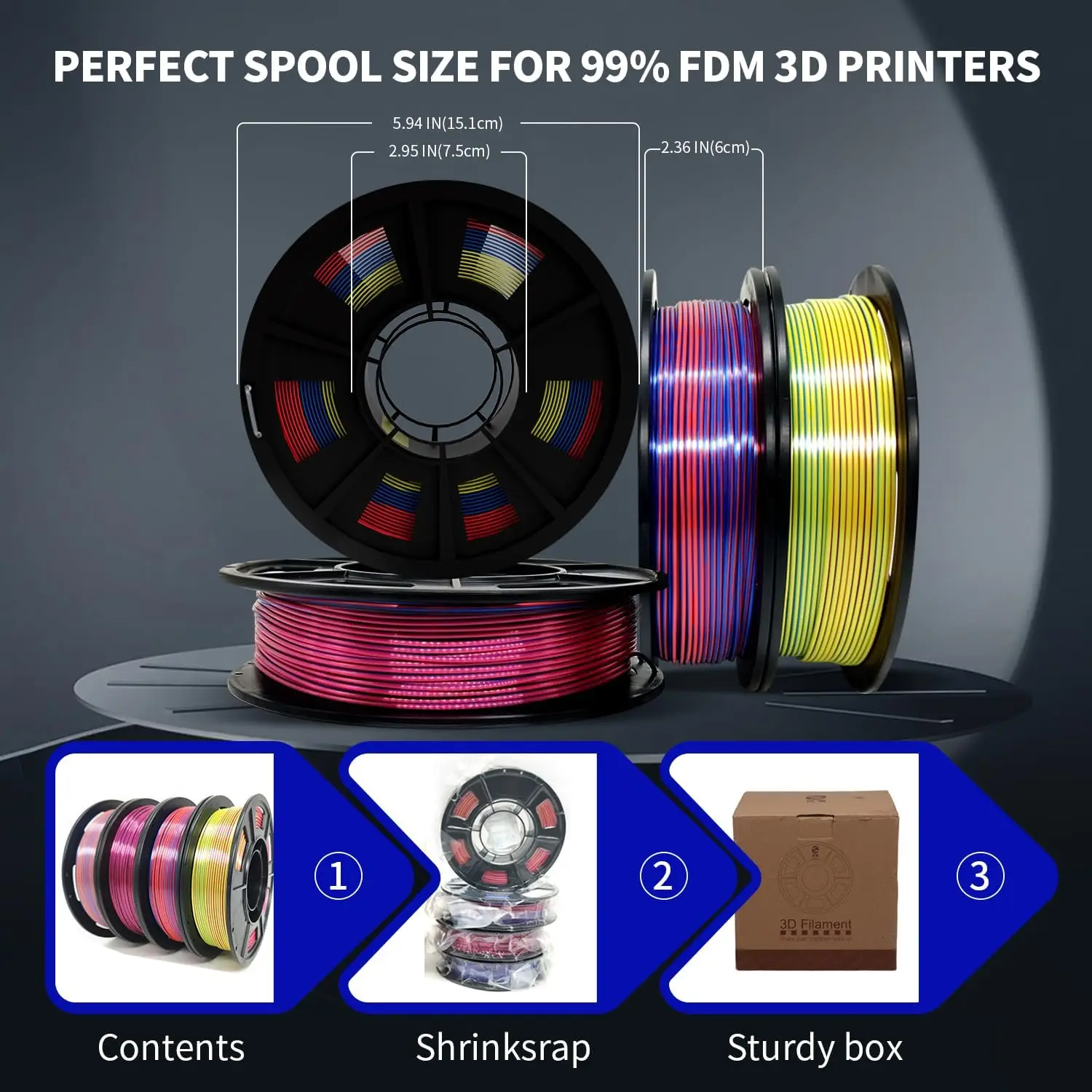 3D 프린터 필라멘트 3색 실크 PLA 필라멘트 1.75mm, 250g X 4팩, 무지개 같은 멀티컬러 필라멘트