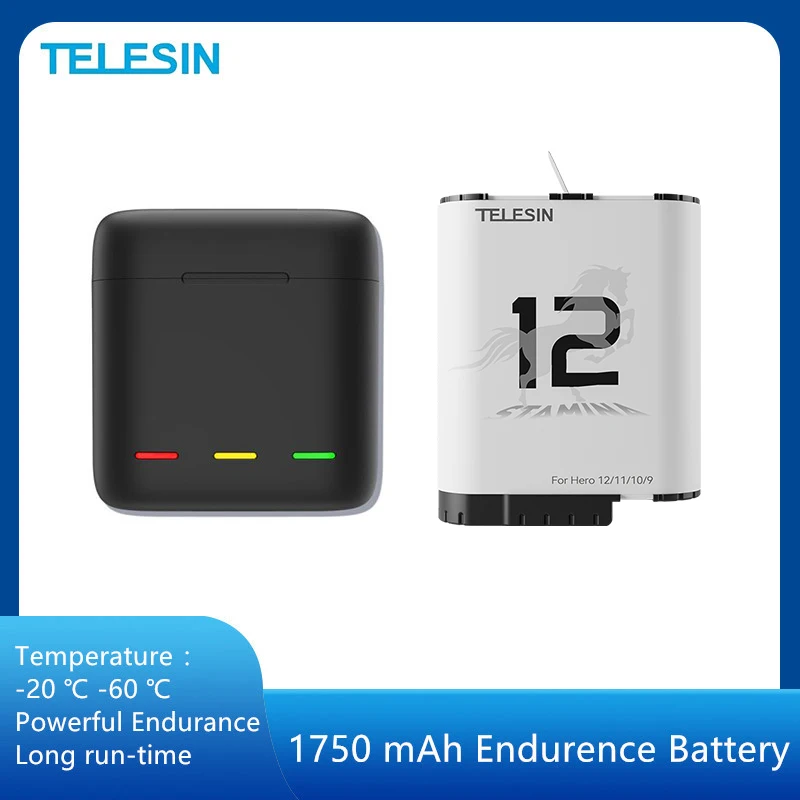 GoPro Hero 용 TELESIN 내구성 배터리 12 11 10 9 1750 mAh 배터리 3 Gopro 액세서리 GoPro 카메라 용 옵션 배터리 박스