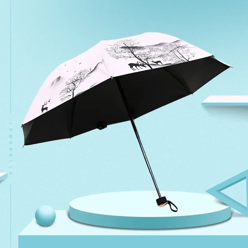 Ink Painting Umbrella ANTI-UV Foldable Umbrella Rain Women Chinese Style Windproof Fashion Umbrellas Female Gift