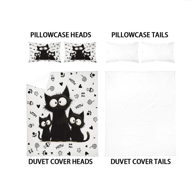 3pc Black Cat Printed Bedding Set with Coreless, Soft and Comfortable Multi Size Machine Washable 1 Duvet Cover+2 Pillowcases 2