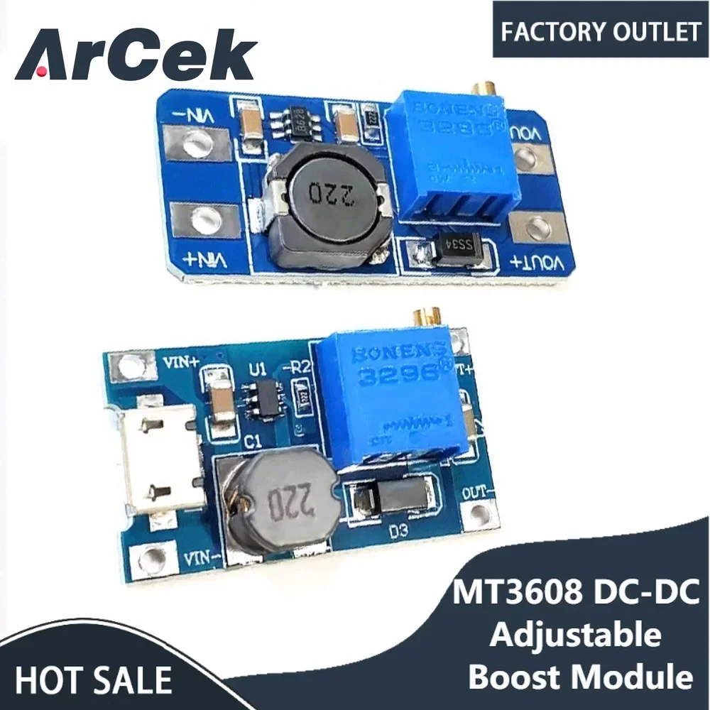 

MT3608 DC-DC Adjustable Boost Module 2A Boost Plate Step Up Module with MICRO USB 2V-24V to 5V 9V 12V 28V for Arduino