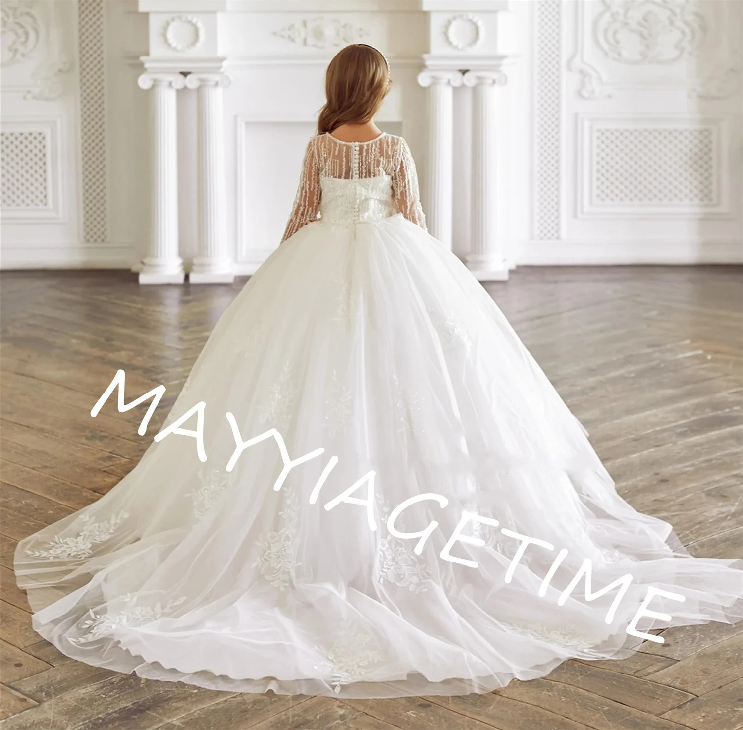 

Flower Girl Dresses for Weddings Lace Long Sleeves Buttons Back Communion Party Wear Tulle Princess Bridal Gowns