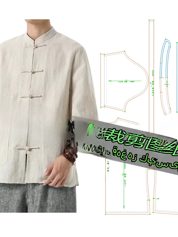 남성용 셔츠 드래프팅 종이 패턴 7부 소매 스탠드 칼라 레트로 스타일 상의 DIY 재봉 원단 재료 키트