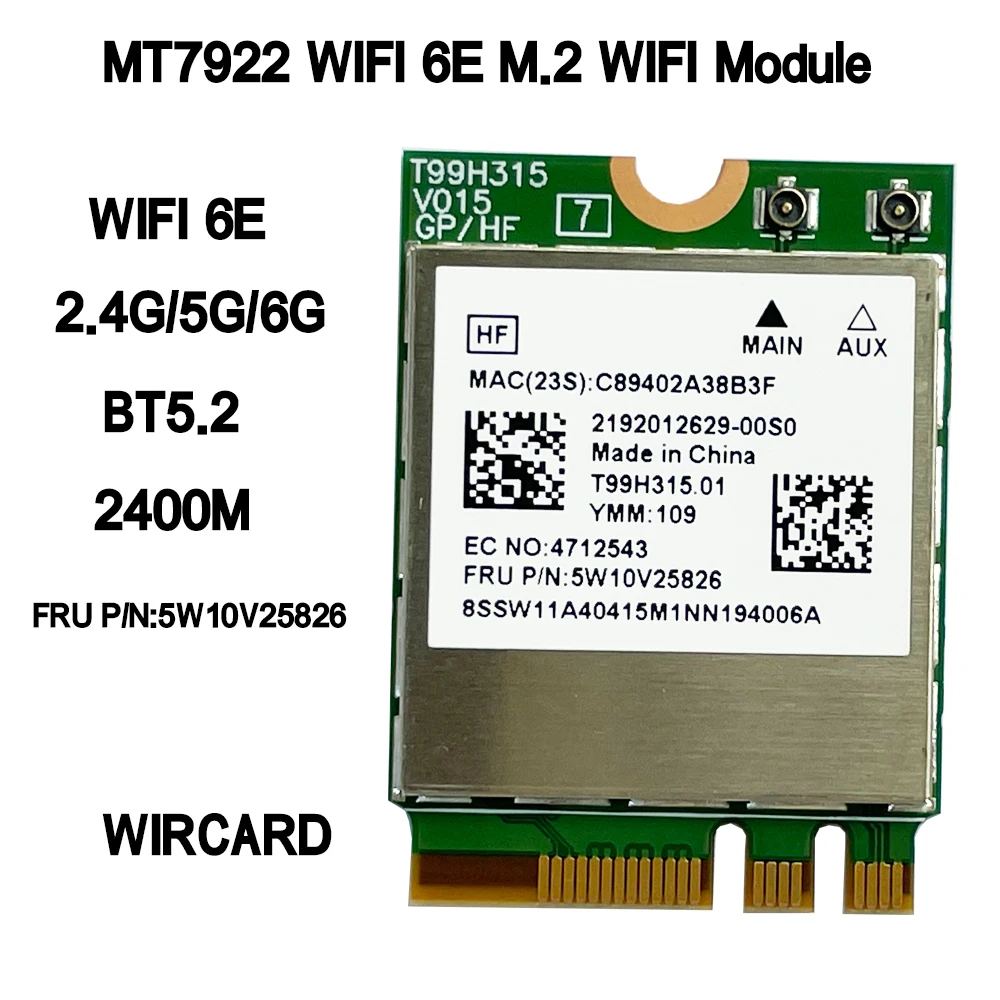 Placa de Rede sem Fio Wifi Adaptador Mu-mimo para Laptop Lenovo 6e Mt7922 2400mbps 2.4g 5g 6g 802.11ax M.2 Bluetooth 5.2