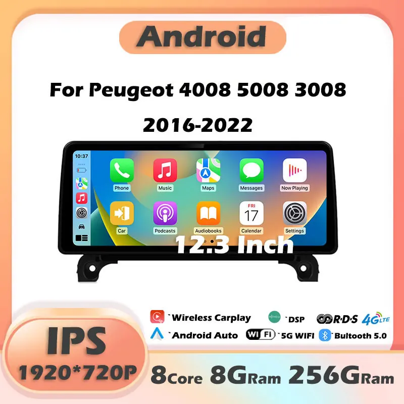 

For Peugeot 4008 5008 3008 2016-2022 12.3 Inch Android 13 Car Radio Player GPS Stereo System 1920*720P 4G WIFI Octa Core FM GPS