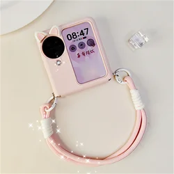 Korean Cute Cat Ear Pink White Hand Strap Phone Case - Kawwii Style Back Cover for Find N3 Flip (B)