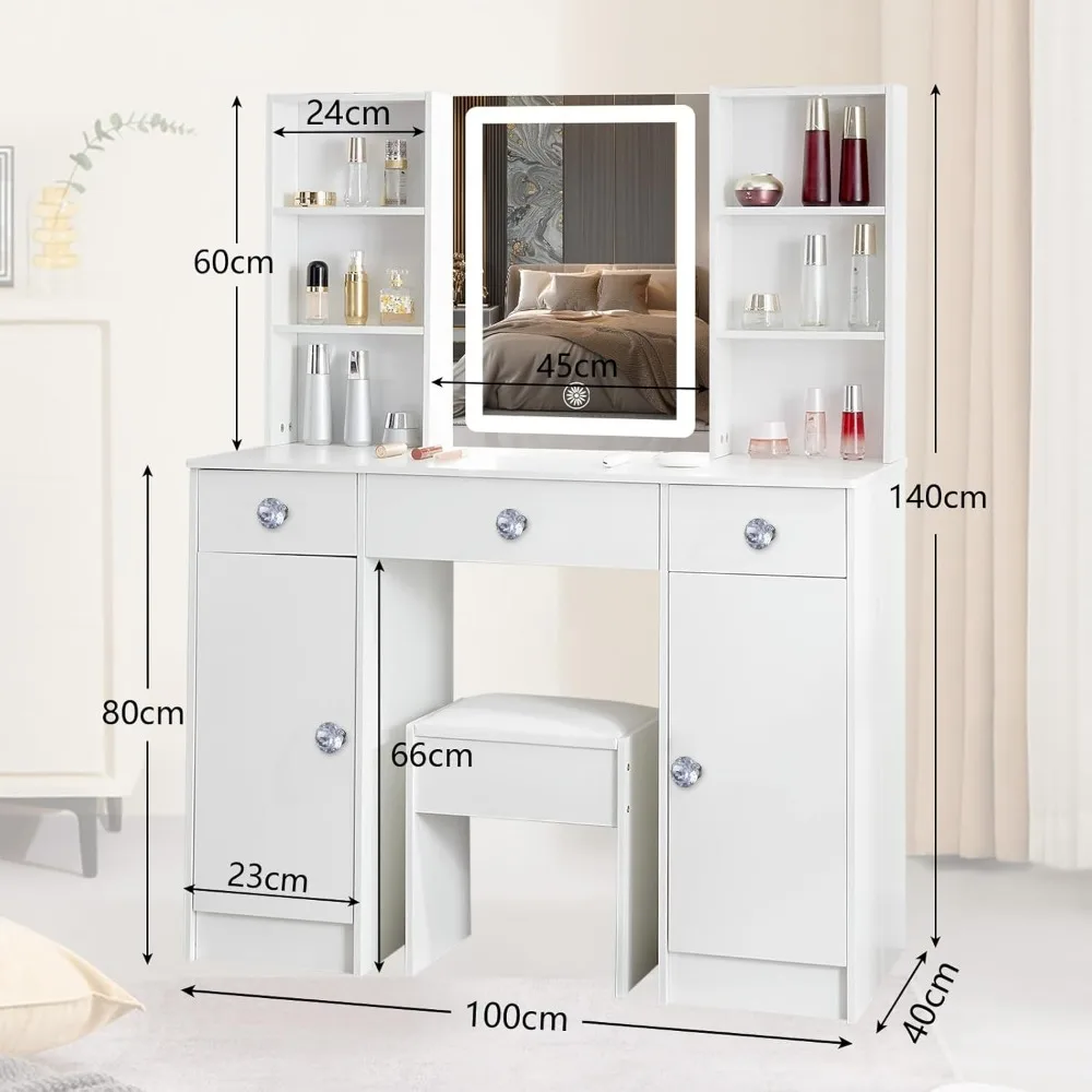 with LED Lightning Mirror and Storage, 3 Color Lighting Modes, Dressing Table Vanity Set with 3 Drawers 2 Cabinets 4 Organizers 4