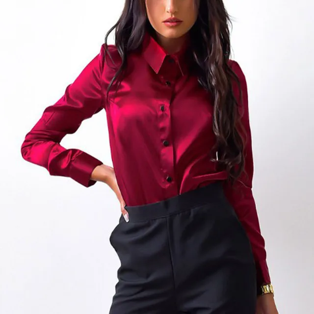 Women Spring And Autumn Vintage Satin Shirt Turn-down Collar Long Sleeve Button Pure Color Silky Tops 1
