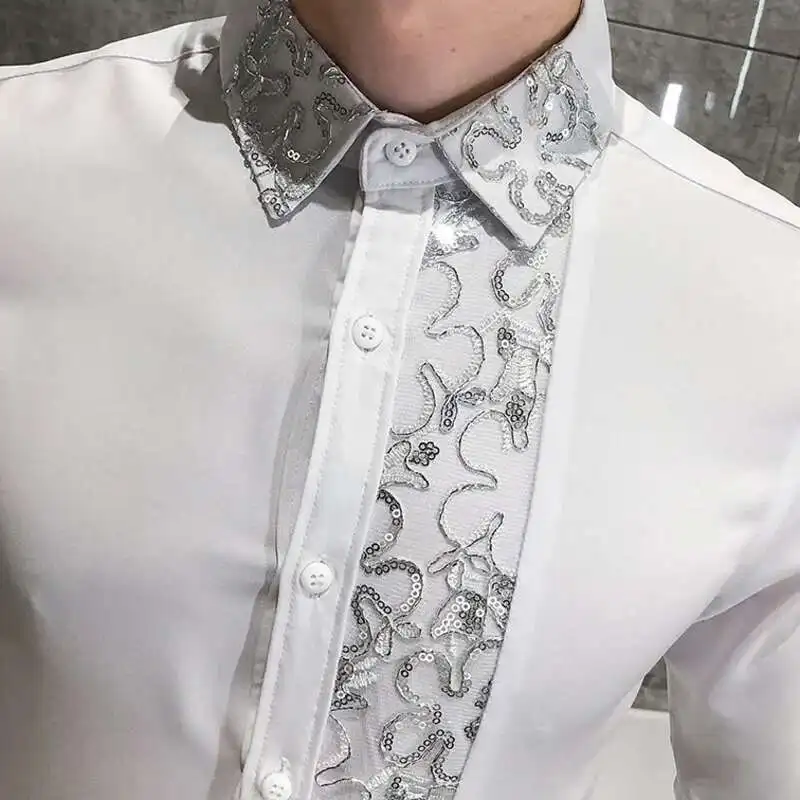 saferido Sequin Wedding Dress Shirt Korean Men Clothes 4xl Black White Mens Lace Shirt Long Sleeve Slim Fit Social Dress Shirt