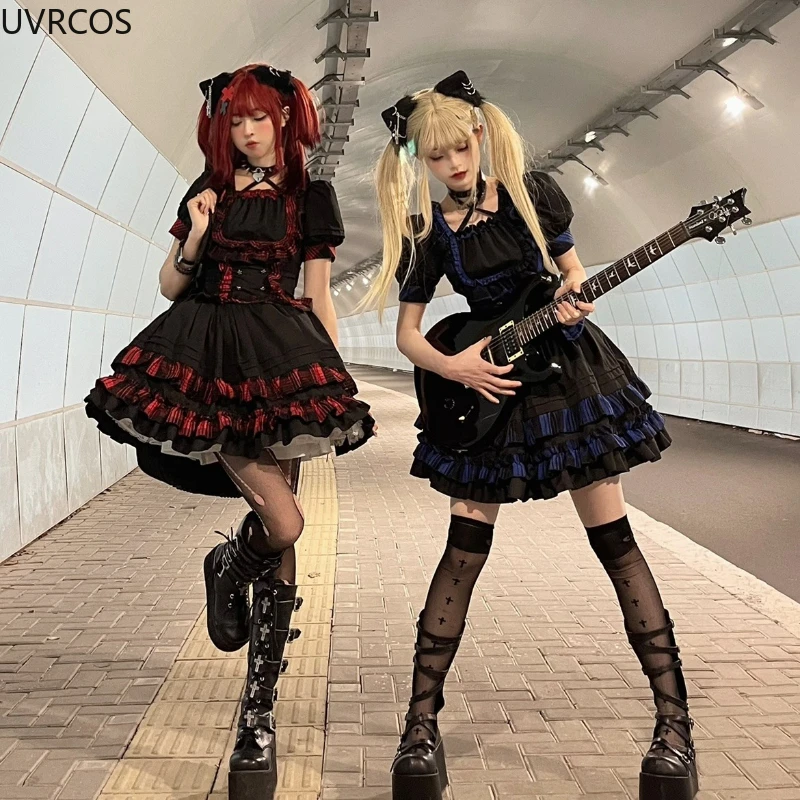 Harajuku Gothic Plaid Lolita Dress Set Women Victorian Lace Crop Tops Ruffles Mini Cake Skirt Kawaii Y2k Cosplay Hot Girls Suit