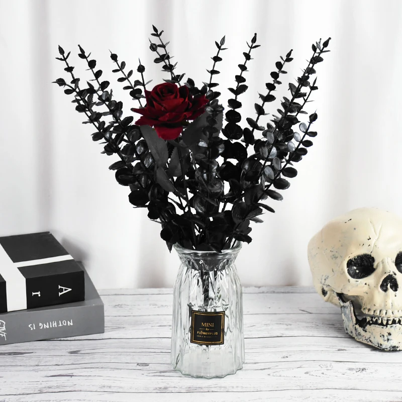 10/20pcs schwarzer künstlicher Eukalyptus zweig Stängel Faux Halloween Blumen echte Berührung Blätter Pflanze Herzstück Haupt dekoration – Detail 1
