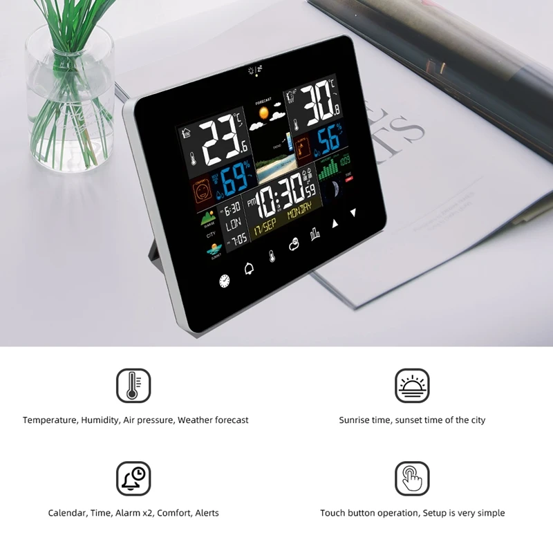 Color Touch Screen Wireless Weather Station Moon Phases Tides Barometer  Thermometer Hygrometer Wall Table Clock Forcast Sensor