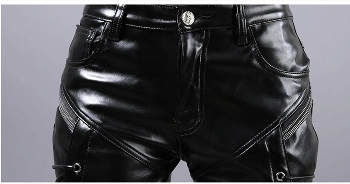 Mens Punk Fashion PU Leather Pants Personality Motorcycle Pencil Trousers Hip Hop Applique Black Leather Trousers Male
