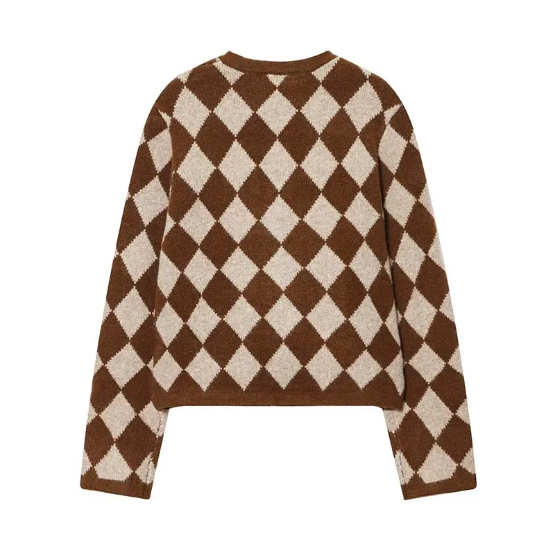 Vintage Casual Chic Women Sweater Argyle O-Neck Long Sleeve Pockets Knitted Cardigans Fashion 2025 Autumn Winter Sweater