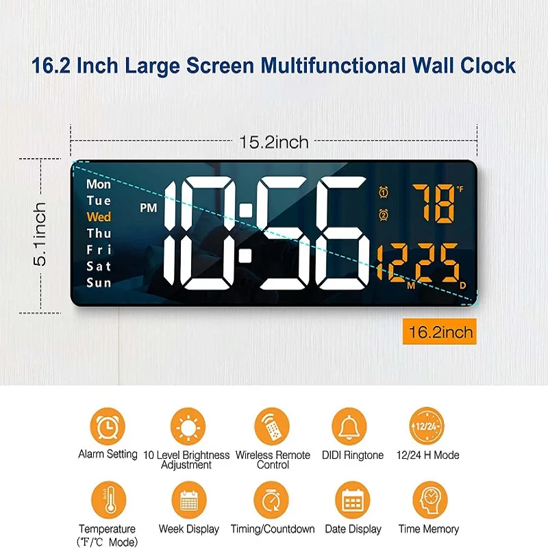 Reloj de pared digital con pantalla grande, reloj de pared digital grande  de 16.2 pulgadas con control remoto de cambio de color RGB, atenuador