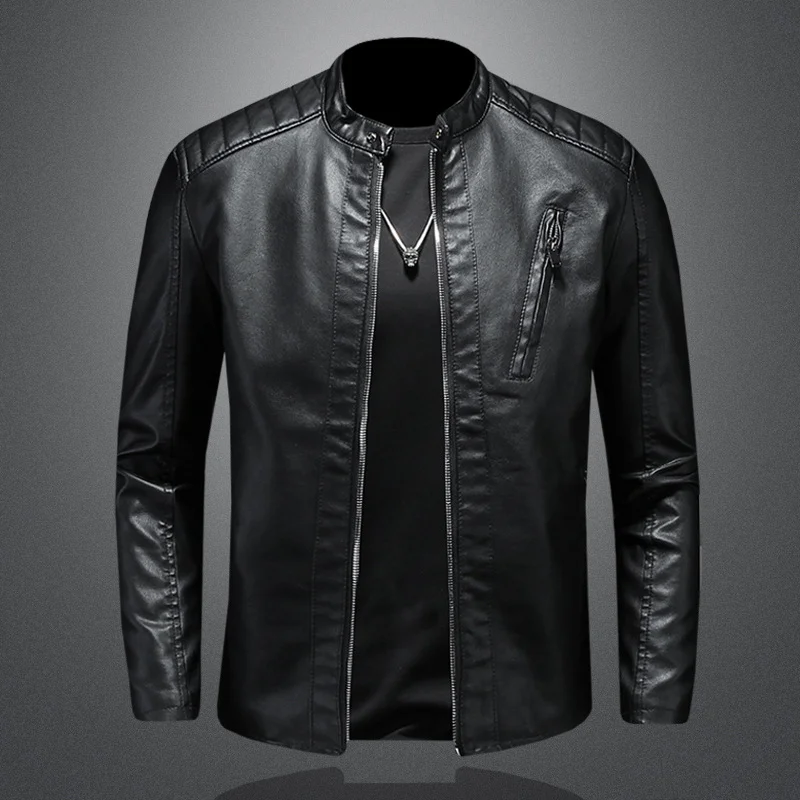 Spring Autumn Men's Motorcycle Leather Jacket Stand Collar Solid White Jackets Trend Windproof Streetwear Faux Leather Outwear