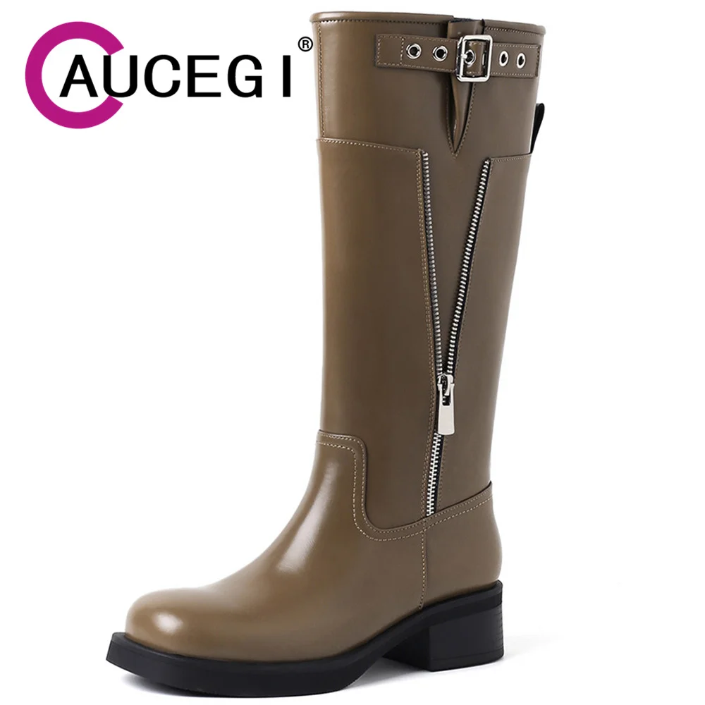 

Aucegi Women Fall New Zipper Decorations Black Quality Leather Riding Knee High Boots Round Toe Chunky Heels Designer Shoes