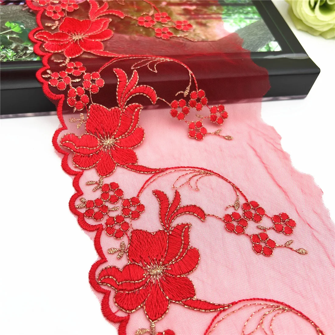 20y/lot Width 5Inch 13cm Red Gold Embroidery Floral Lace Trim Skirt Hem Underwear Sewing Material Craft DIY Apparel Fabrics Lace 4