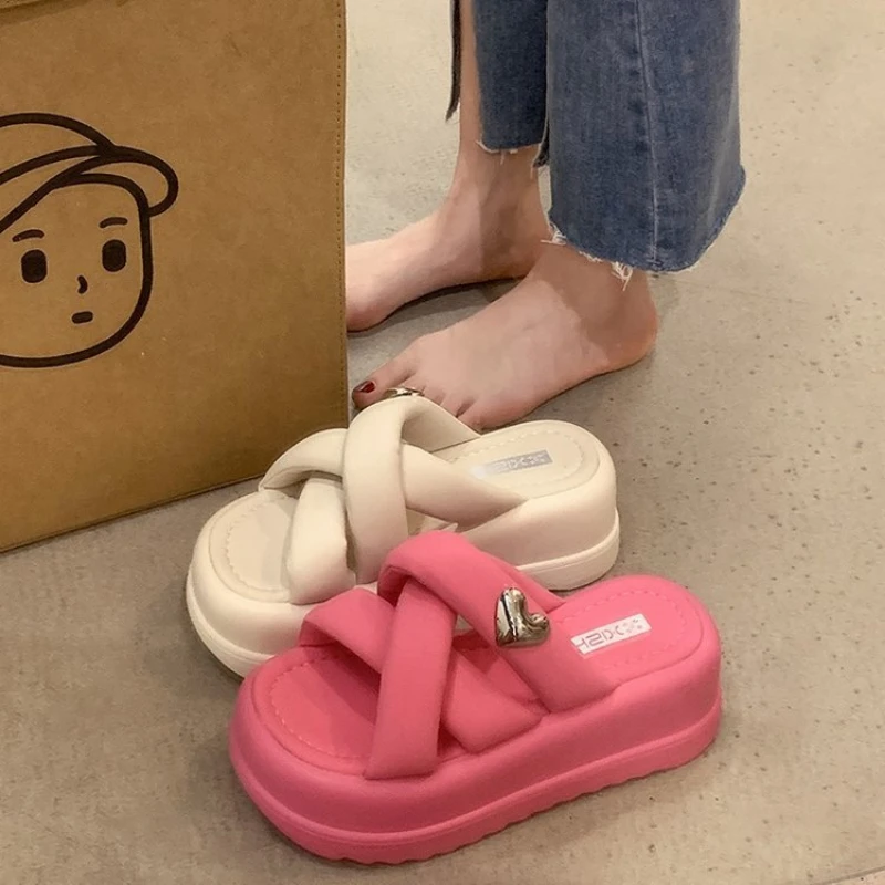 2023 EVA Thick Sole Women's Slippers 7cm Matsutake Bottom Elevated Anti Slip Solid Color Slippers for Casual Outwear Slippers