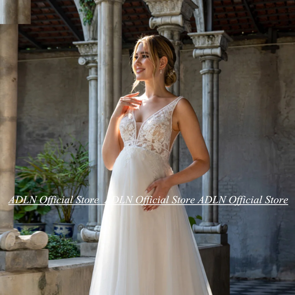 Pregnant Bride Wedding Dress Customized V Neck Sequined Applique See Through Tulle A Line Summer Bridal Gown Lace-up Back 3