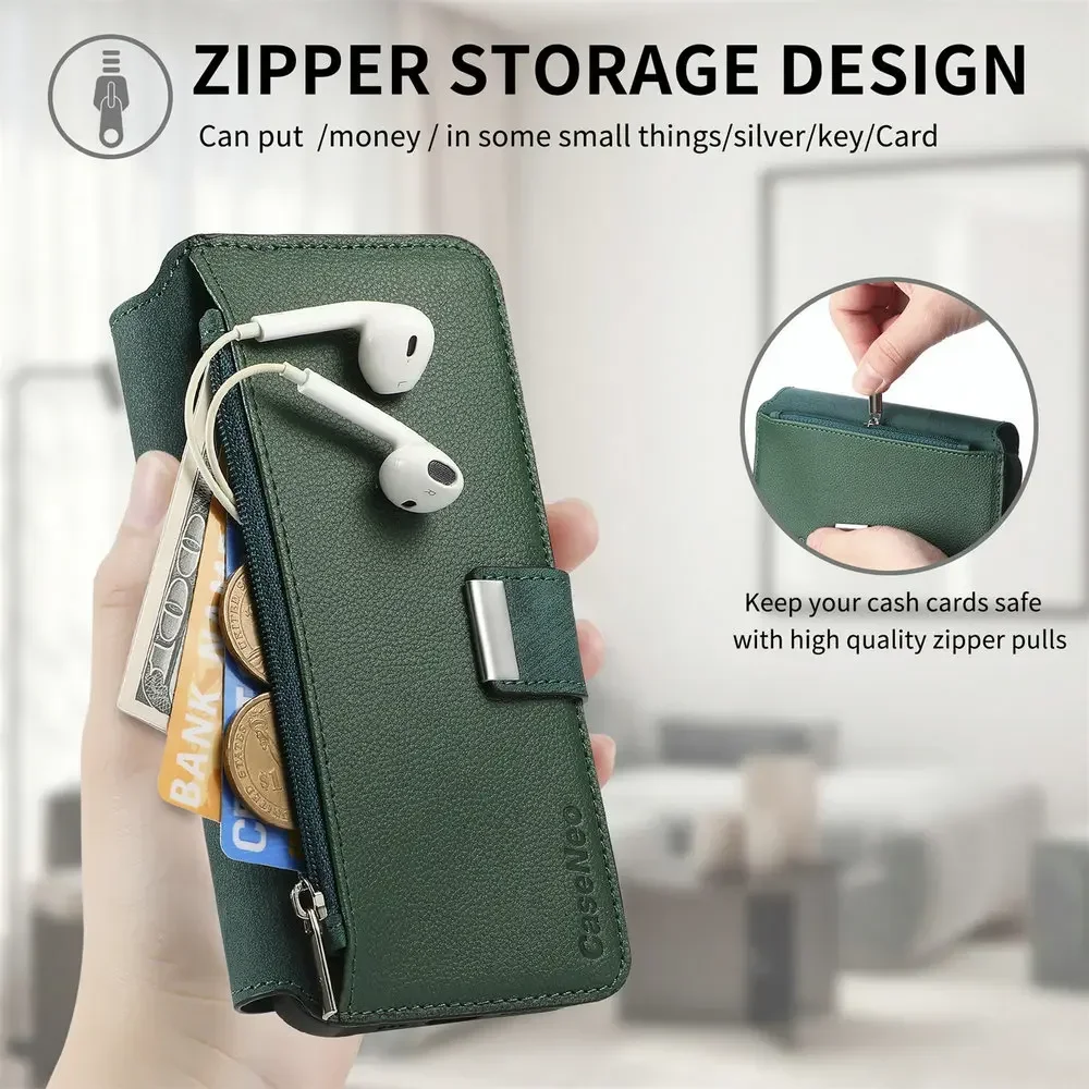 Luxury Leather Flip Case with Detachable Zipper Wallet and MagSafe