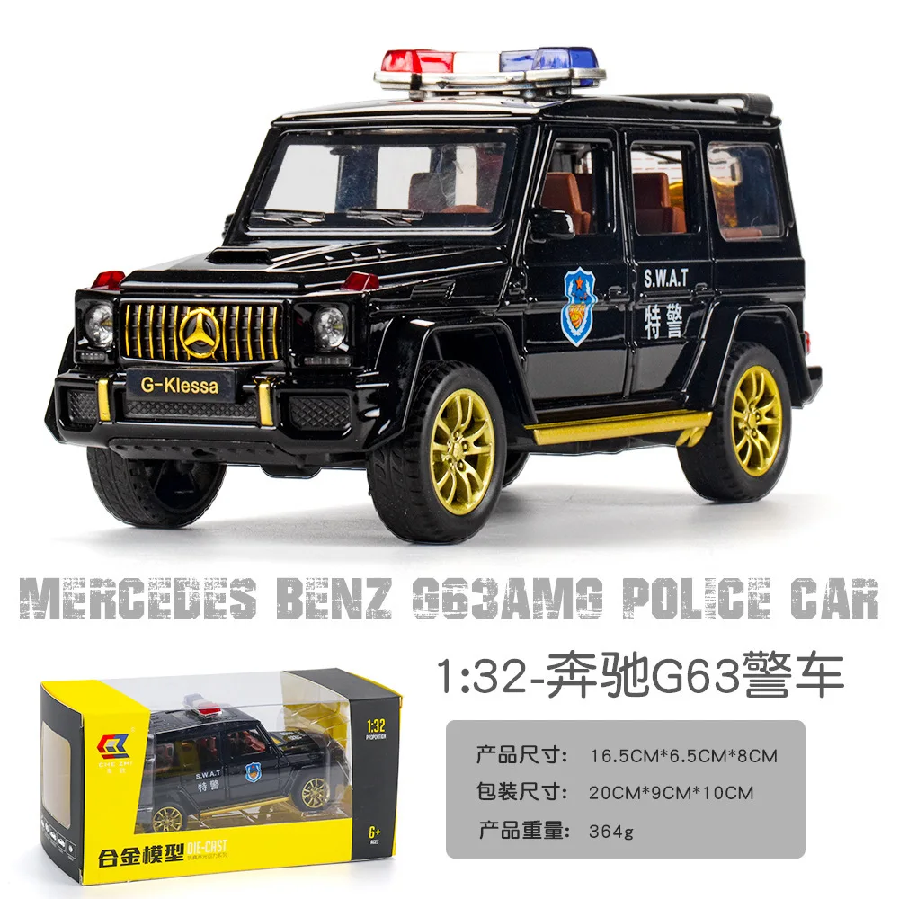 

1:32 Mercedes Benz G63 полицейский автомобиль, модель из сплава, украшение со звуком и фотографией, детский сценический подарок