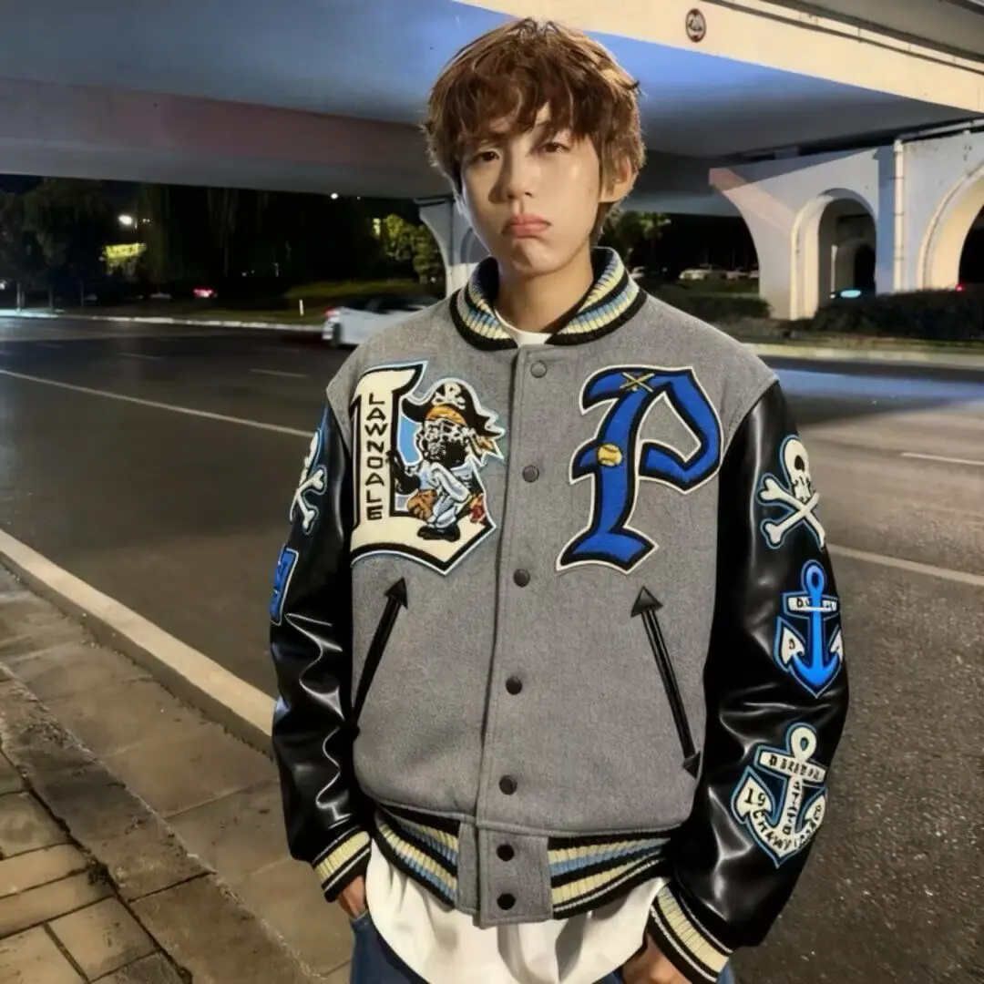 남성용 두꺼운 울 야구 점퍼 레트로 스타일 패치워크 자수 아우터 겨울 시즌 스탠다드 핏 청년 패션