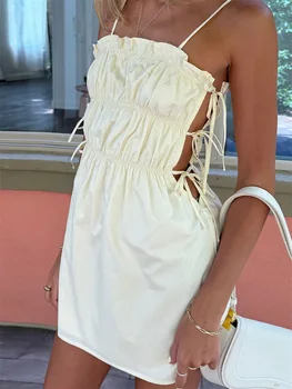 Elegant Sleeveless V-Neck Dress with Ruffle Trim and Lace-Up Back Detail for Women s Summer Party Outfit 4