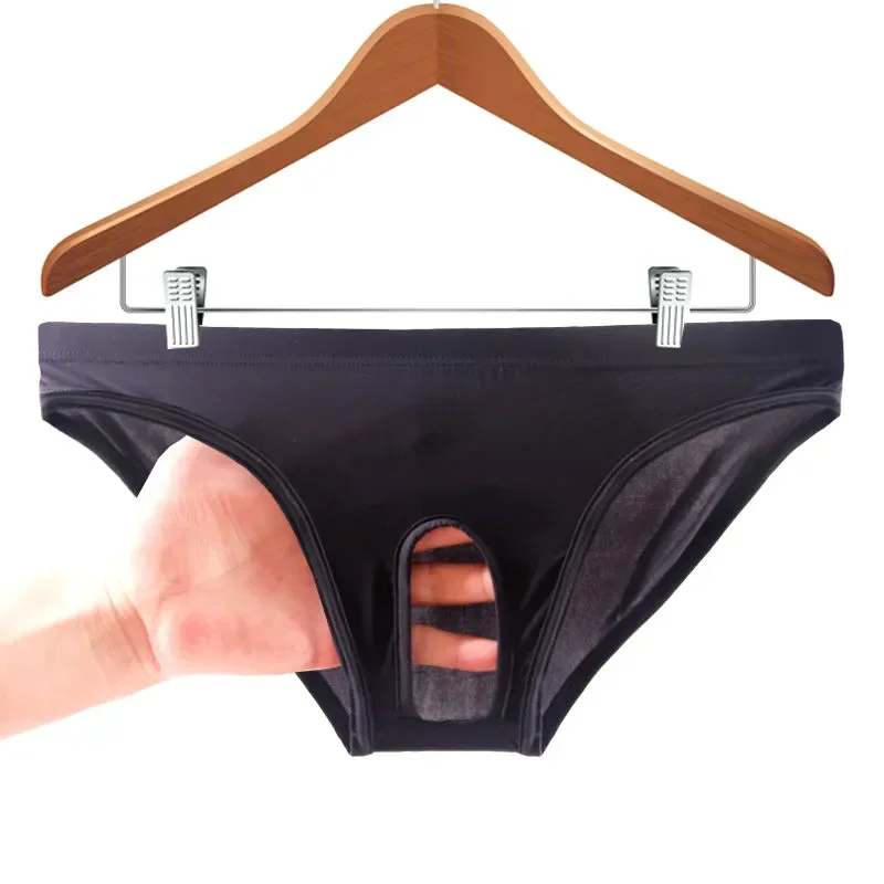 Free Take-off Briefs Men's Exposed Low Waist Sexy Open Crotch Panties Hollow U Convex Transparent Ice Silk Underwear