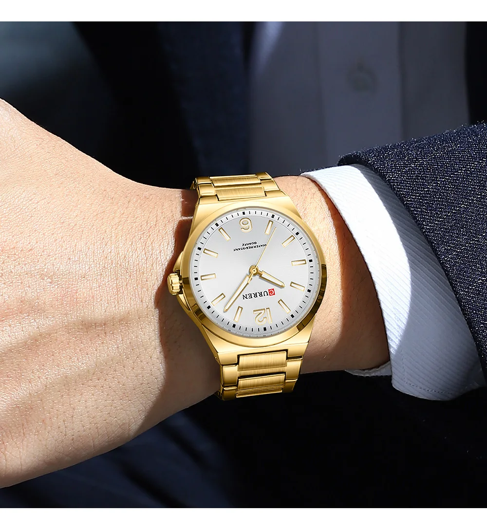 CURREN Minimalist Business Watch for Men Classic Quartz Black Wristwatch with Stainless Steel Band Luminous Hands Waterproof