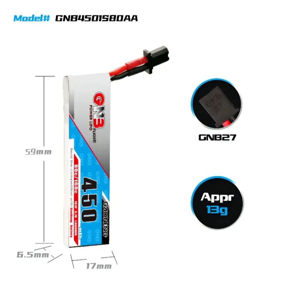 Détail du connecteur PH2.0 sur une batterie LiPo 3.8V 300mAh pour drone FPV Tinyhawk Whoop, montrant les fils rouge et noir.