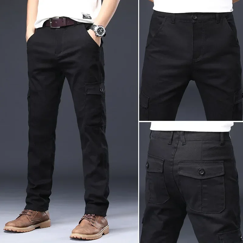 Spring Autumn Men's Cargo Pants Mens Casual Multi Pockets Military Large Size Tactical Trousers Men Cotton Straight Pants Black
