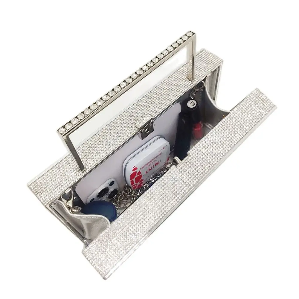 Chaliwini Color Diamonds Radio Evening Clutch Bag Women Bridal Wedding Metal Handle Shiny Rhinestone Purse And Handbags Designer