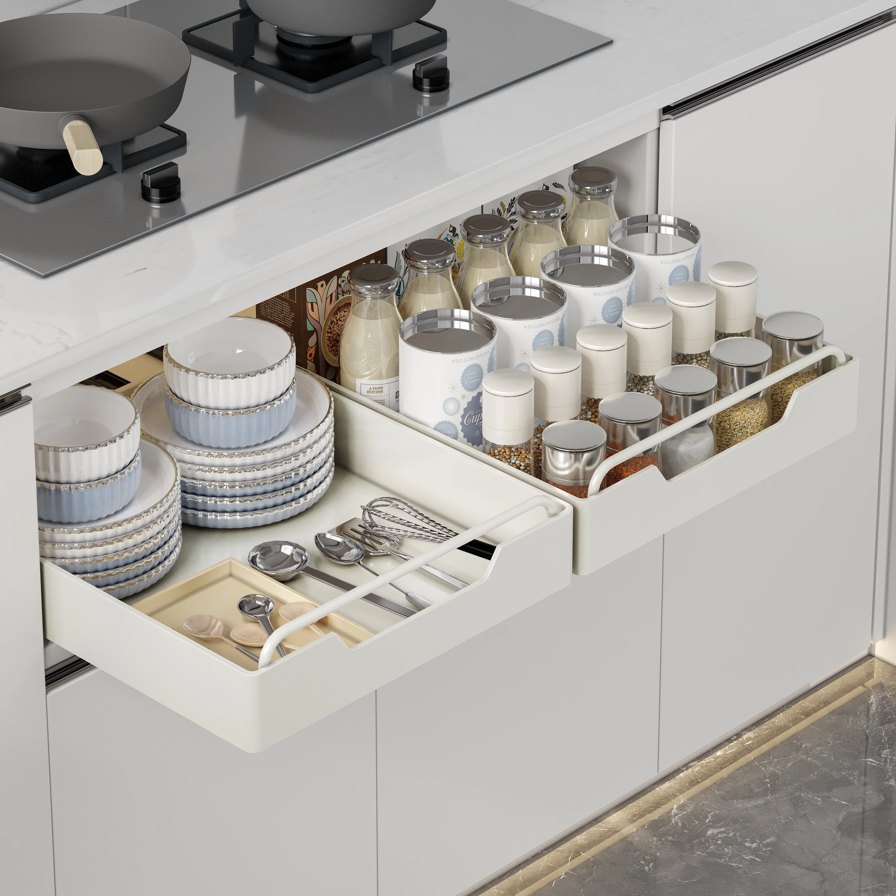 Kitchen Storage Rack Cabinets Organizer with Slide Rails Pull-out Drawer Type Storage Tray