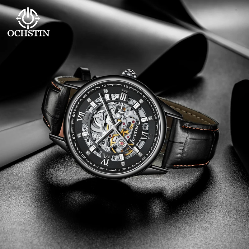 OCHSTIN Male Wristwatches Automatic Mechanical Luxury Rose Gold Antique Skeleton Diamond Dial Stainless Steel Mens Dress Watches