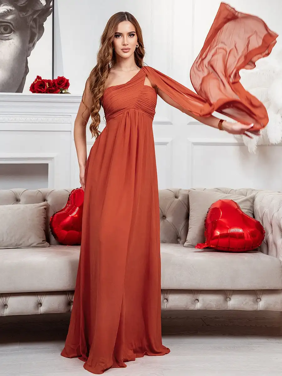 Elegant Evening Dresses Long One-Shoulder Ruched Side Draped 2024 Ever Pretty of Chiffon A-LINE Burnt Orange Bridesmaid Dress