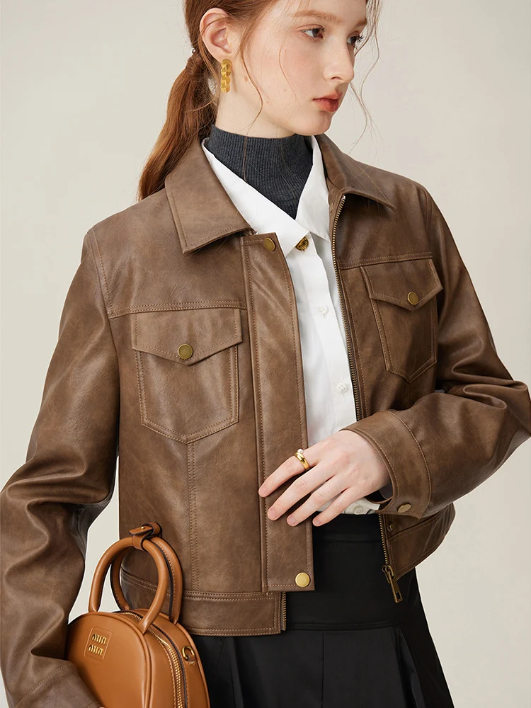 FSLE PU Leather Women 2024 Spring Short Brown Jackets Turn-down Collar Zipper Placket Female Beige Grey pu Coats 24FS11081