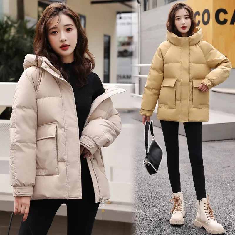 

Chic Big Pocket Cotton Coat Women Casual Loose Down Cotton Parkas 2023 New Winter Hooded Jacket Thicken Warm Puffer Coat Outwear