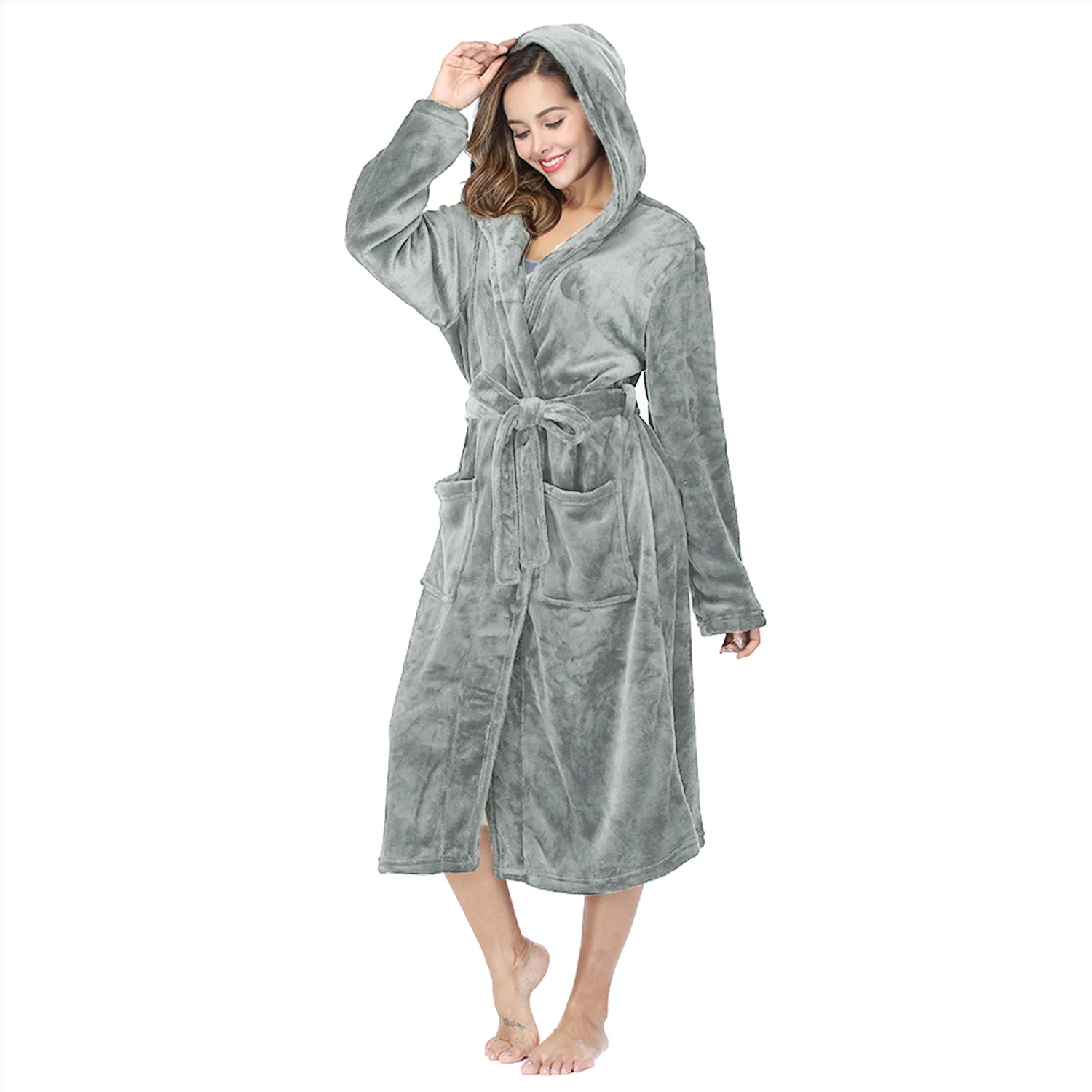 Womens Solid color Hooded Bathrobe Ladies Fleece Plush Warm Long Robes Fleece Nightgown Sleepwear-women sleepwear,sleepwear pajamas