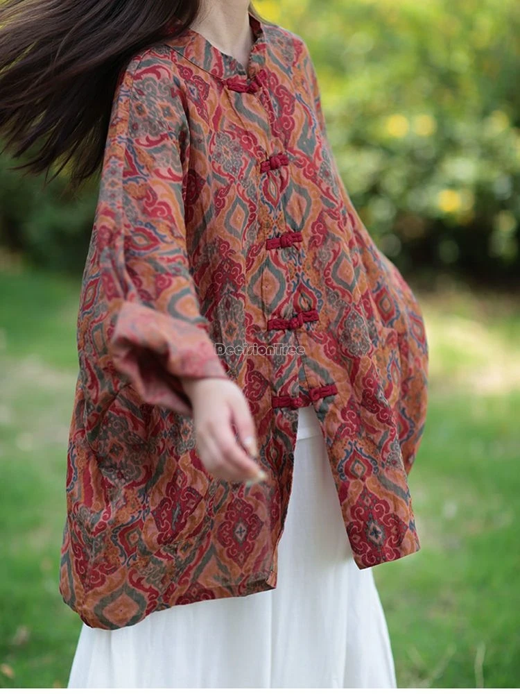 cotton linen women printing tang suit chinese style loose national stand collar long sleeve cheongsam button retro top coat