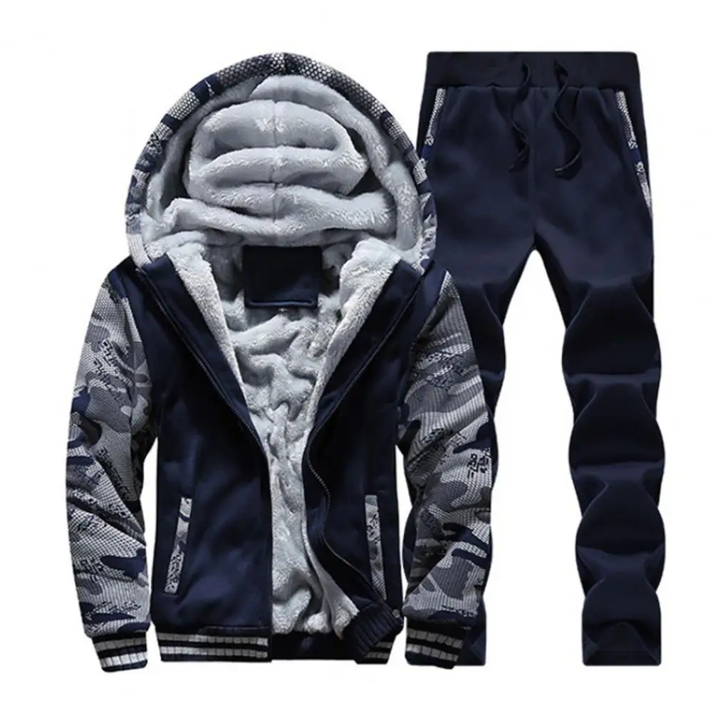 Fitness Men Sports Suit Men's Winter Coat Pants Suit Hooded Camouflage Print Windproof Warm With Plush Pockets Elastic Waist solid color two piece suit stylish men s striped suit set soft elastic waist coat pants with lapel pockets formal for plus