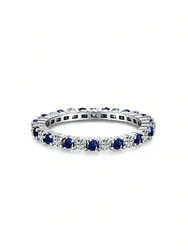 Sterling Silver Shimmering Zircon Stackable Ring for Women - Elegant Daily Wear and Party Jewelry (Silver Blue White)