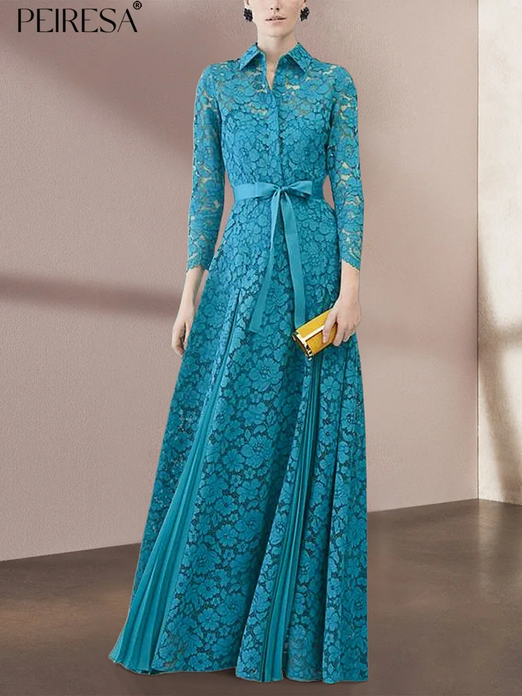 

PEIRESA Runway Fashion Lace Hollow Out Long Party Evening Dress Women 2023 Elegant Vintage Pleated Maxi Dresses Luxury Design