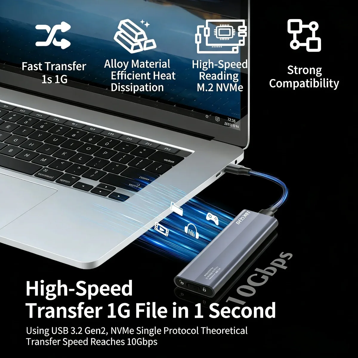 HIKSIMI M.2 NVMe SSD 엔클로저 어댑터 10Gbps NVMe PCI-E M.2 SSD 케이스 알루미늄 USB C 외장형 엔클로저, P용 M 키 지원