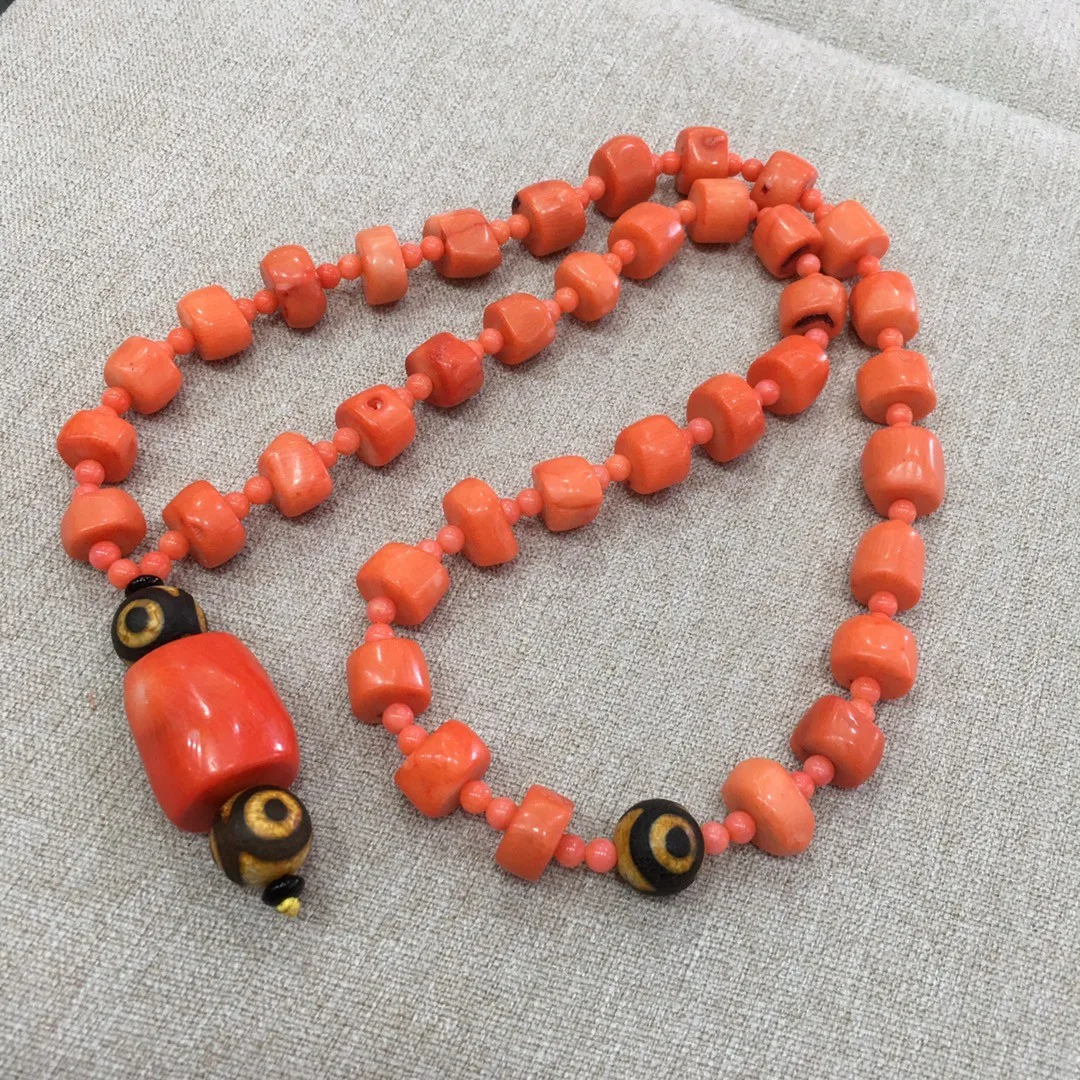 

Natural Red Coral Necklaces Men Women Healing Gemstone Fine Jewelry Precious Coral Three Eyes Dzi Bead Pendant Beaded Necklace