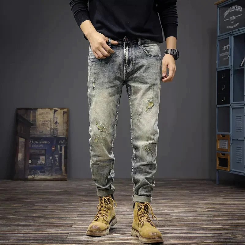 Vintage Fashion Men Jeans Retro Yellow Blue Stretch Slim Fit Ripped Jeans Men Embroidery Patched Designer Denim Pants Hombre