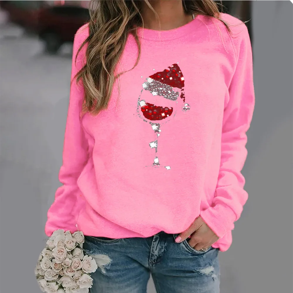 thumbnail image 1 of Suéter navideño para mujer, gorro navideño, copa de vino tinto, estampado, cuello redondo, manga larga, suéter 2023 nuevo, 1 of 5