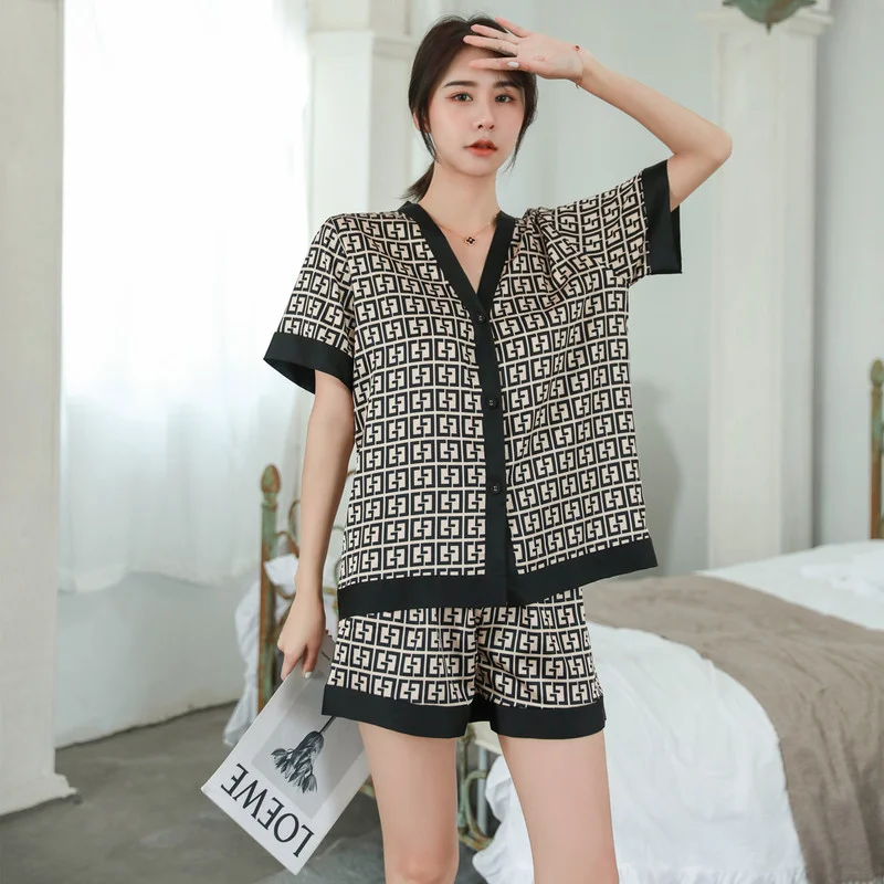 

Women's Pajamas Set Summer Luxury Fashion Cross Letters Print Short Sleeve Sleepwear Silk Like Leisure Home Clothes Nightwear
